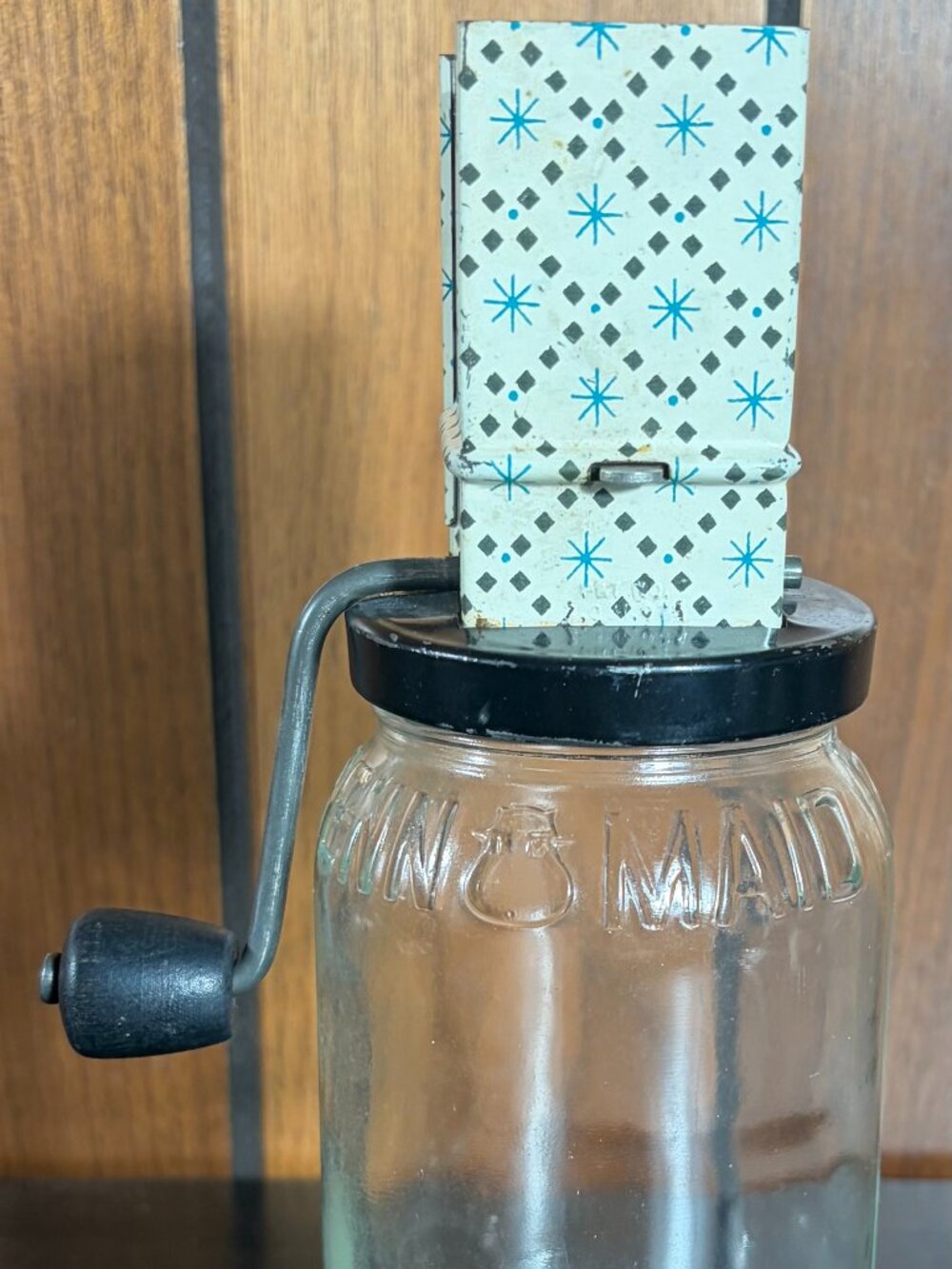Vtg Androck Nut Hand Crank Grinder on Penn Maid Jar  Farmhouse Decor Collectible